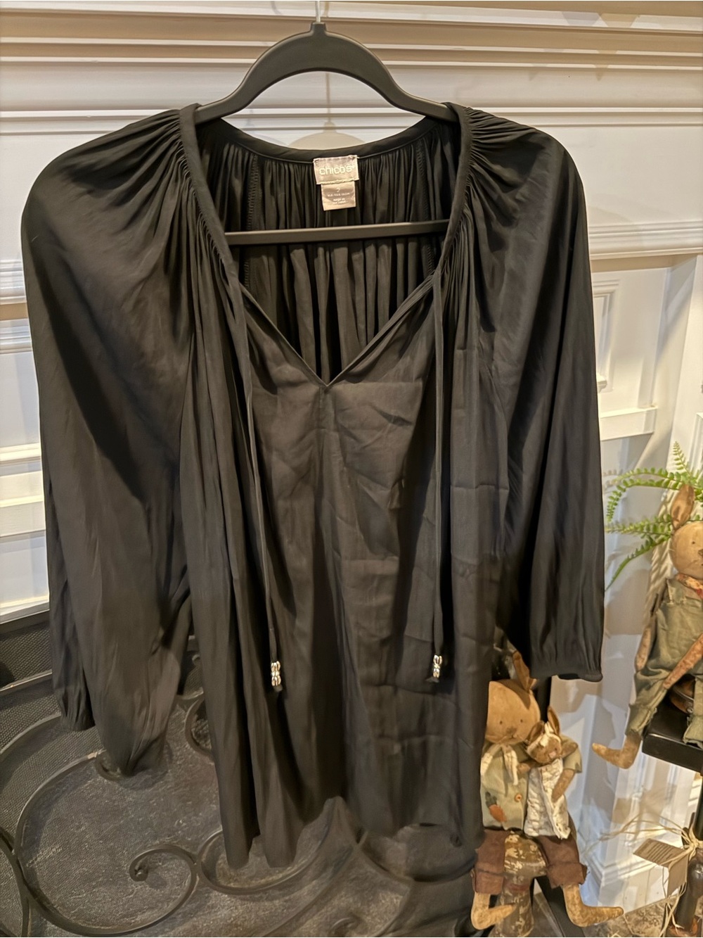 Chico's Black Gathered Blouse with Tie Neck